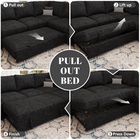 SUAWY 108 Inch Modular Sectional Sofa with Pull Out Bed, U Shaped 7 Seat Sectional Sleeper Sofa with Storage, Sectional Couches for Living Room,Cloud Modular Couch, Removable Sofa Cover, Black SUAWY