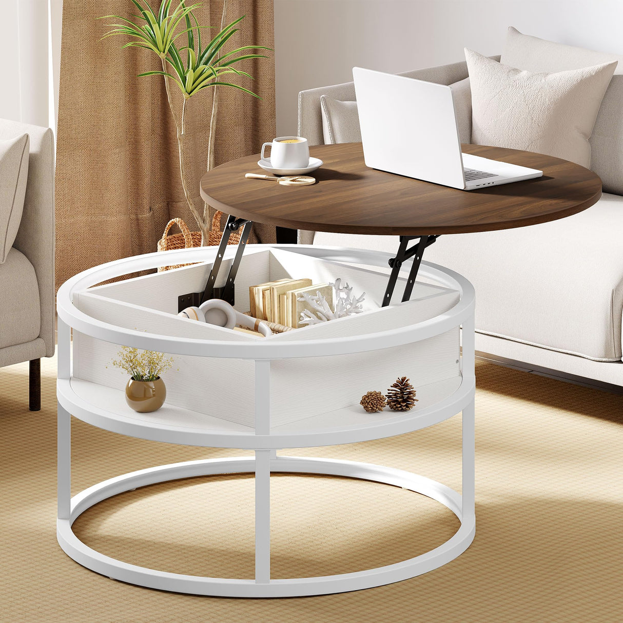 YITAHOME Round Lift Top Coffee Table, Coffee Tables for Living Room with Hidden Storage Compartment, Modern Coffee Table with Storage for Home Office,Round Center Tables Living Room,Brown and White YITAHOME