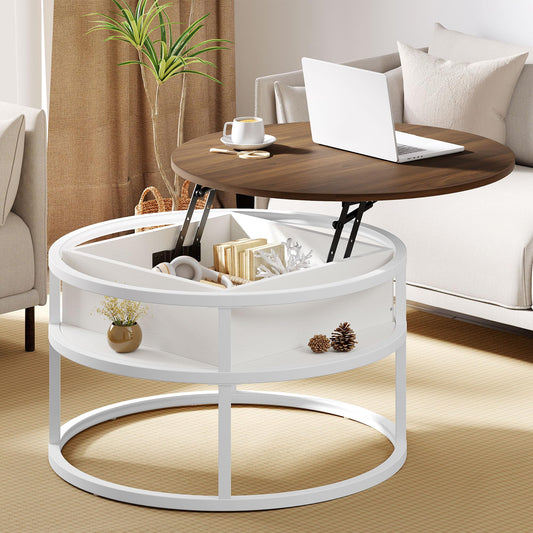 YITAHOME Round Lift Top Coffee Table, Coffee Tables for Living Room with Hidden Storage Compartment, Modern Coffee Table with Storage for Home Office,Round Center Tables Living Room,Brown and White