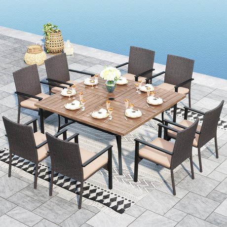 Sophia & William 9 Pieces Patio Dining Set for 8, Square Outdoor Table with Umbrella Hole, 8 Rattan Chairs with Cushions, Large Patio Table and Chairs Set Sophia & William