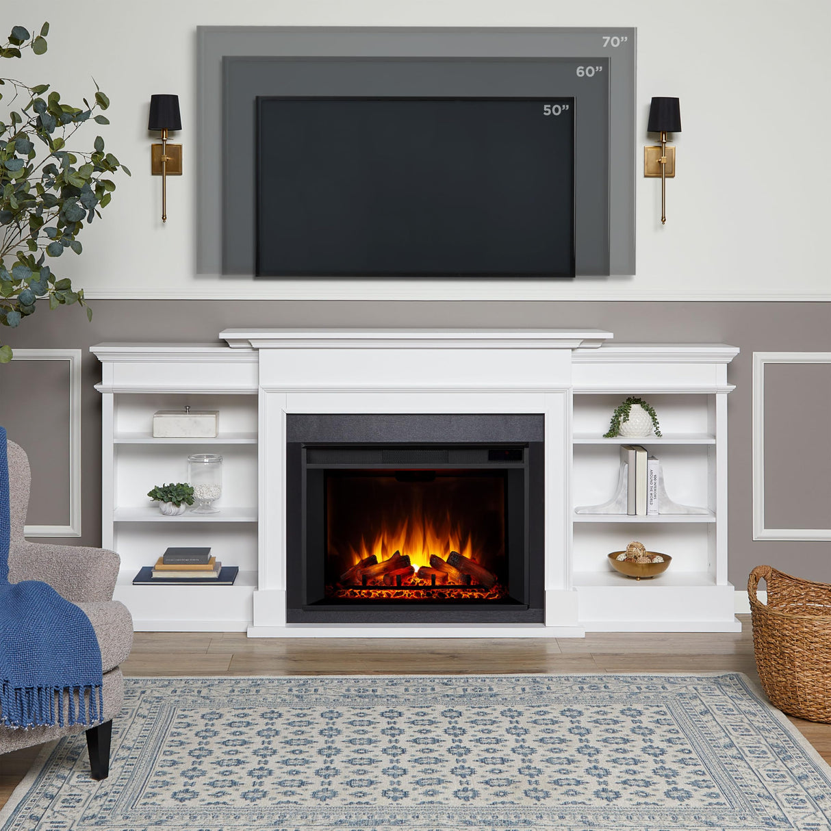 Real Flame Ashton 92" Grand Electric Indoor Fireplace TV Stand for TVs up to 85 inches, Entertainment Center with Adjustable Shelves and Storage, TV Stand for Living Room and Bedroom, White Real Flame