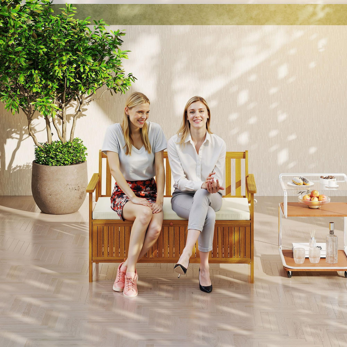 Outsunny Outdoor Bench with Storage Box, 28 Gallon Outdoor Storage Bench, Acacia Wood Garden Seat with Cushion, 2 Seater Patio Furniture for Park, Balcony, Teak Outsunny