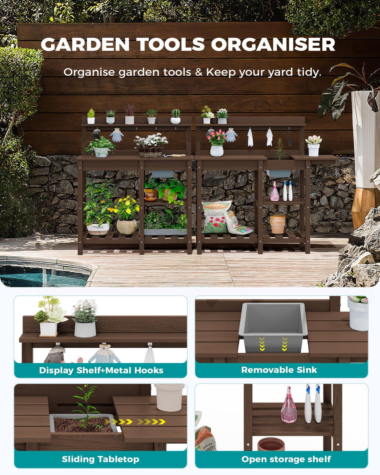 SERWALL Outdoor Potting Bench with Removeable Sink,Rot-Resistant HDPE Potting Table for Outside Gardening, All Weather Use - Coffee SERWALL