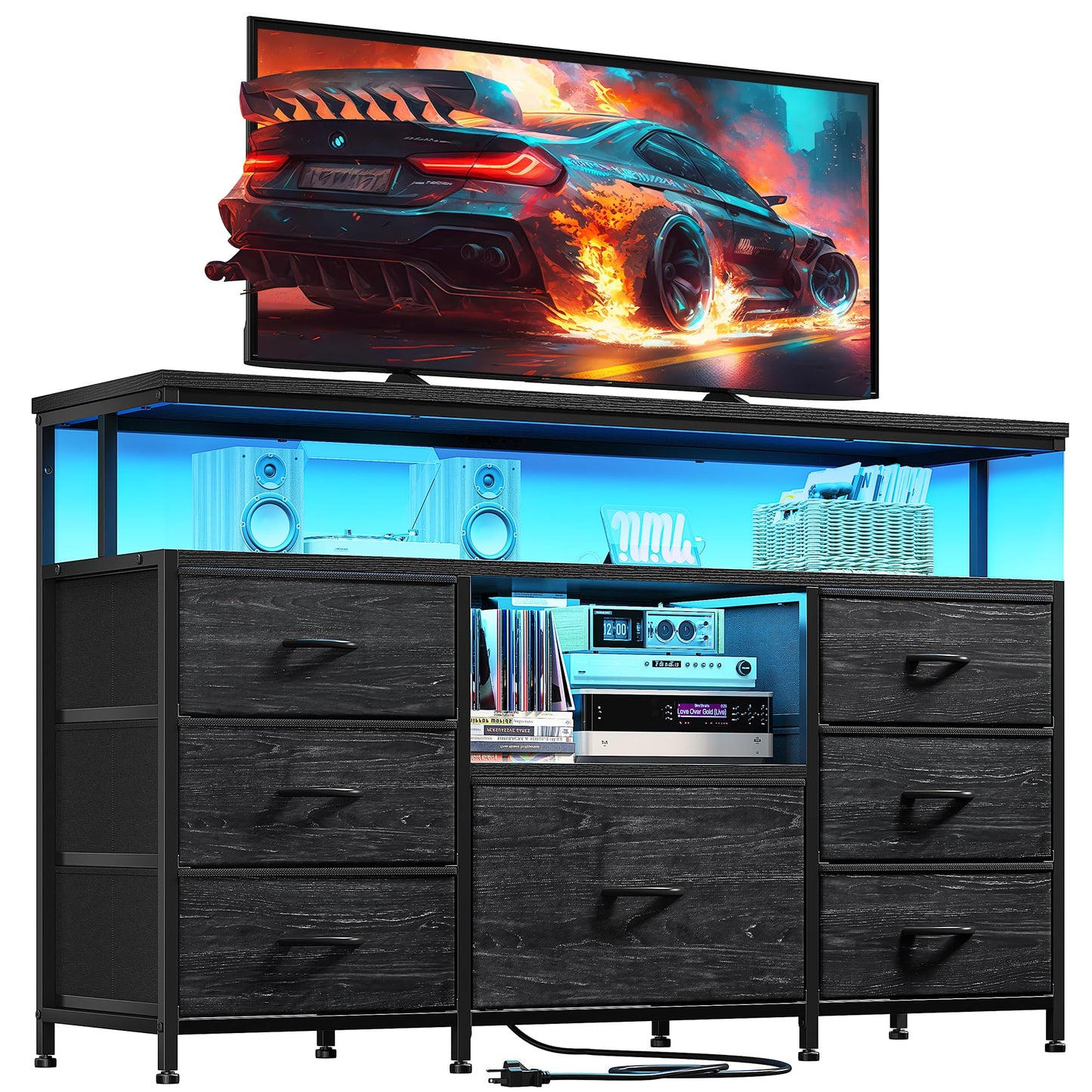 EnHomee Dresser TV Stand for Bedroom with LED Lights & power outlets for 55" TV Stand Dresser for Bedroom Entertainment Center with 7 Fabric Drawers and Wood Shelves for Living Room, Black