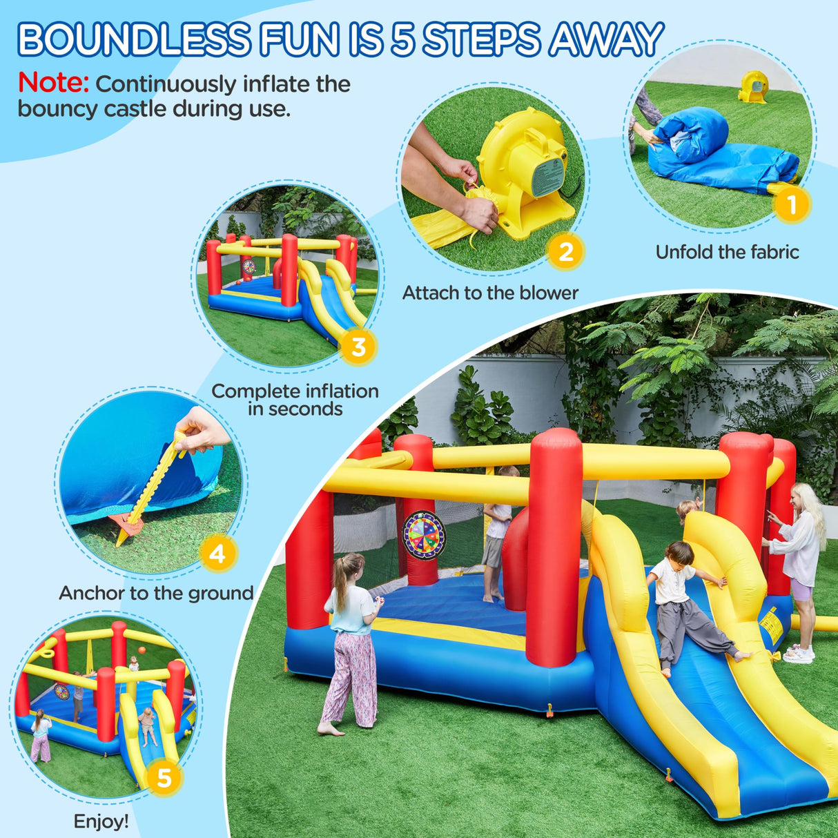 Yaheetech Inflatable Bounce House, 7-in-1 Oversize Bouncing Area w/Obstacle Arch & Slide & Basketball Game & Dart Game, Bounce House for Kids Aged 3-10 w/Storage Bag & 520W Blower Yaheetech