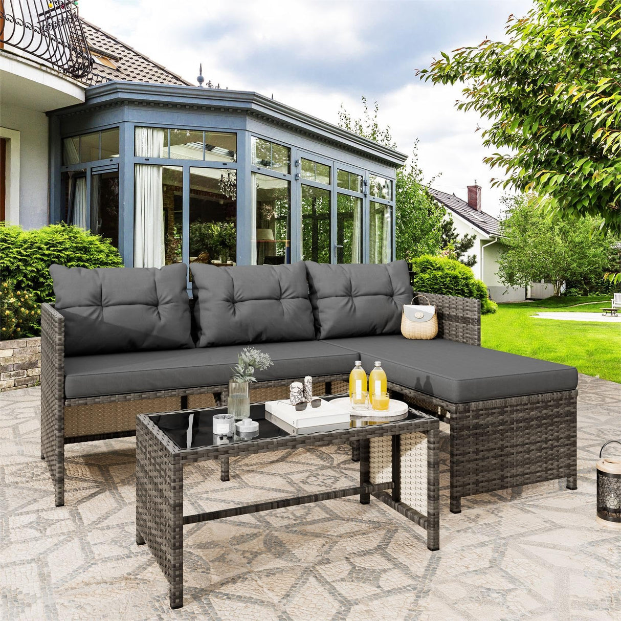 Vongrasig 3 Piece Patio Furniture Sets, All-Weather Wicker Outdoor Sofa Couch Sectional Set, Small Conversation Set for Patio, Garden w/Cushion, Glass Table, (Grey) Vongrasig