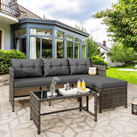 Vongrasig 3 Piece Patio Furniture Sets, All-Weather Wicker Outdoor Sofa Couch Sectional Set, Small Conversation Set for Patio, Garden w/Cushion, Glass Table, (Grey) Vongrasig