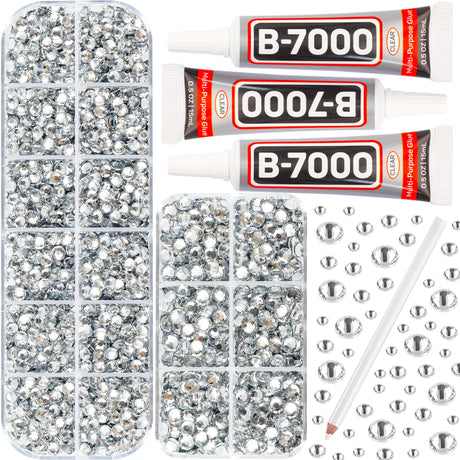 b7000 Glue with 7500Pcs Clear Silver Rhinestones for Crafts Clothes Clothing Fabric, Shiny Flatback Crystals Gems for Crafting Shoes Shirt, Flat Back Diamonds Set Badazzle kit Jewels 2-5mm 4 Sizes Mix Worthofbest