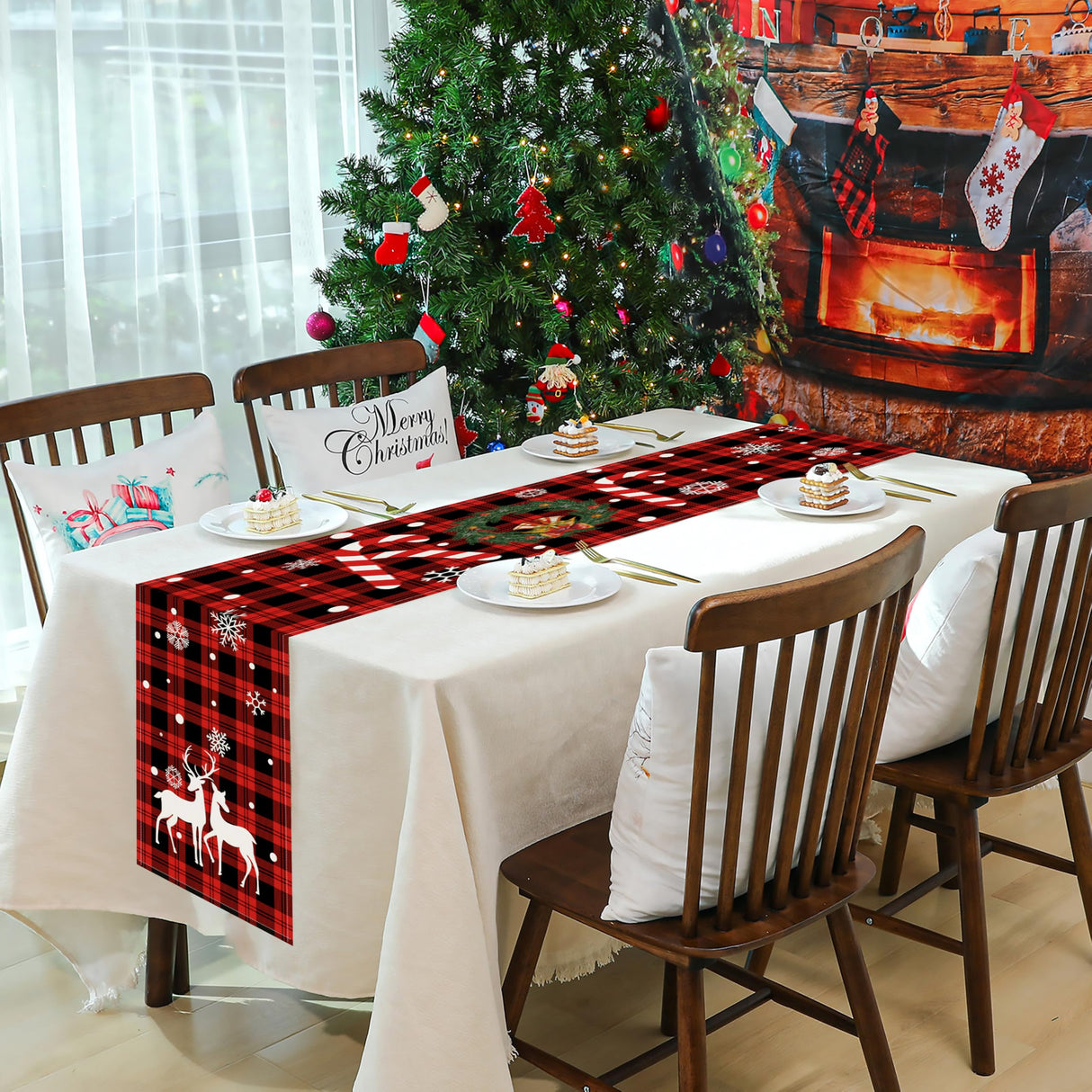 Buffalo Plaid Christmas Table Runner 13" x 72" Long Linen Xmas Reindeer Table Runner Christmas Decoration, Joy Apatsp
