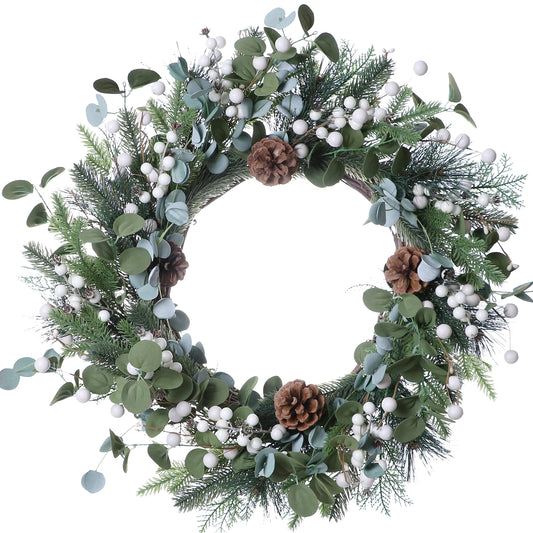 J'FLORU Christmas Wreaths for Front Door 20 Inch Artificial Christmas Wreath White Winter Wreath with Berries Pine cones Pine Needles for Xmas Indoor Outdoor Decor