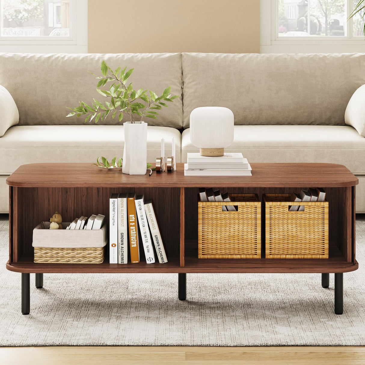 Coffee Table with Storage, 47.2" Mid Century Modern Coffee Tables for Living Room, Rectangle Wood Center Table with Sliding Tambour Door & Adjustable Leg for Living Room, Walnut ONBRILL
