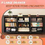 WLIVE 63''W Dresser for Bedroom, Dresser TV Stand for 65, 70, 75 inch TV, Wide Chest of Drawers with 9 Drawer, Large Entertainment Center, Fabric Dressers with Wood Top for Living Room, Rustic Brown WLIVE