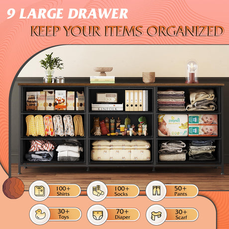 WLIVE 63''W Dresser for Bedroom, Dresser TV Stand for 65, 70, 75 inch TV, Wide Chest of Drawers with 9 Drawer, Large Entertainment Center, Fabric Dressers with Wood Top for Living Room, Rustic Brown WLIVE
