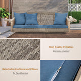 HOMREST 3-Person Porch Swing 55in Wicker Hanging Swing Bench with Cushions Cupholders Swing Chair with Chains 800lbs Capacity for Deck Garden Backyard HOMREST