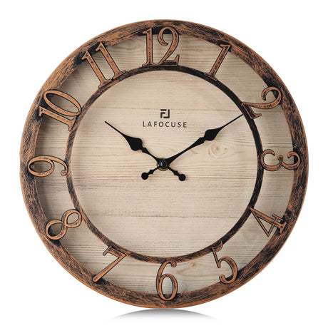 Lafocuse 12 Inch Silent Brown Wall Clocks Battery Operated, Farmhouse Wall Clock Analog for Kitchen Living Room, Rustic Home Décor Lafocuse