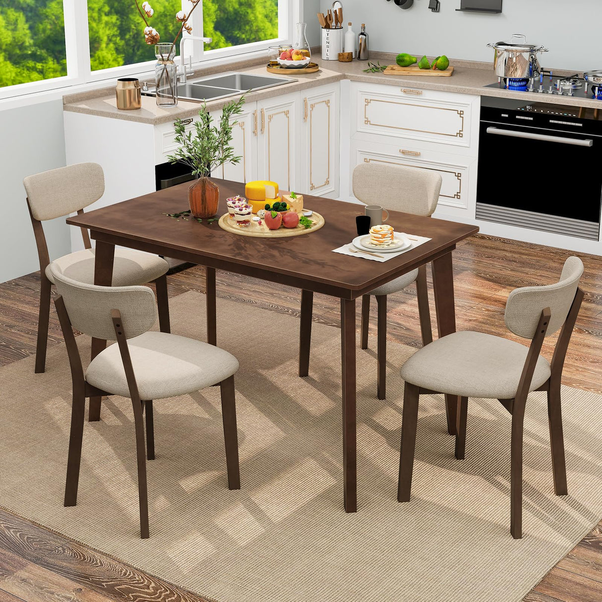 Giantex 5-Piece Dining Table Set for 4, 48” Kitchen Table & 4 Dining Chairs with Padded Seat, Rubber Wood Legs, Curved Backrest, Dinette Set for Breakfast Nook, Dinner, Living Room, Restaurant Giantex