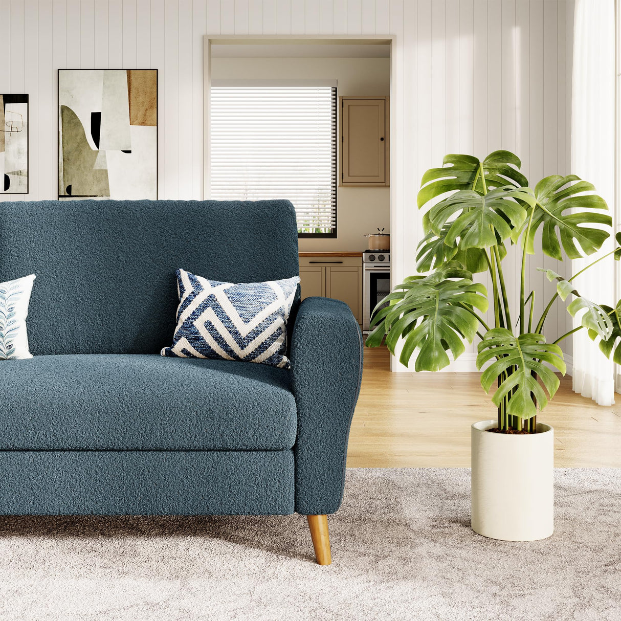 GarveeHome 84" Sofa, 3 Seater Couch for Living Room, Modern Loveseat, Boucle Sofa with Deep Seats, Wide Armrests, Wood Legs, Easy Assembly, Upholstered Comfy Sofa for Bedroom Office, Dark Blue GarveeHome