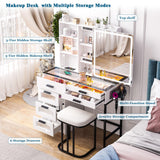 WOOVIVS RGB Vanity Desk with Sliding Mirror and Lights, LED Makeup Vanity with Charging Station/Motion Sensor Light, Glass Top Vanities Dressing Table Set with Jewelry Box,6 Drawers,Stool (White) WOOVIVS