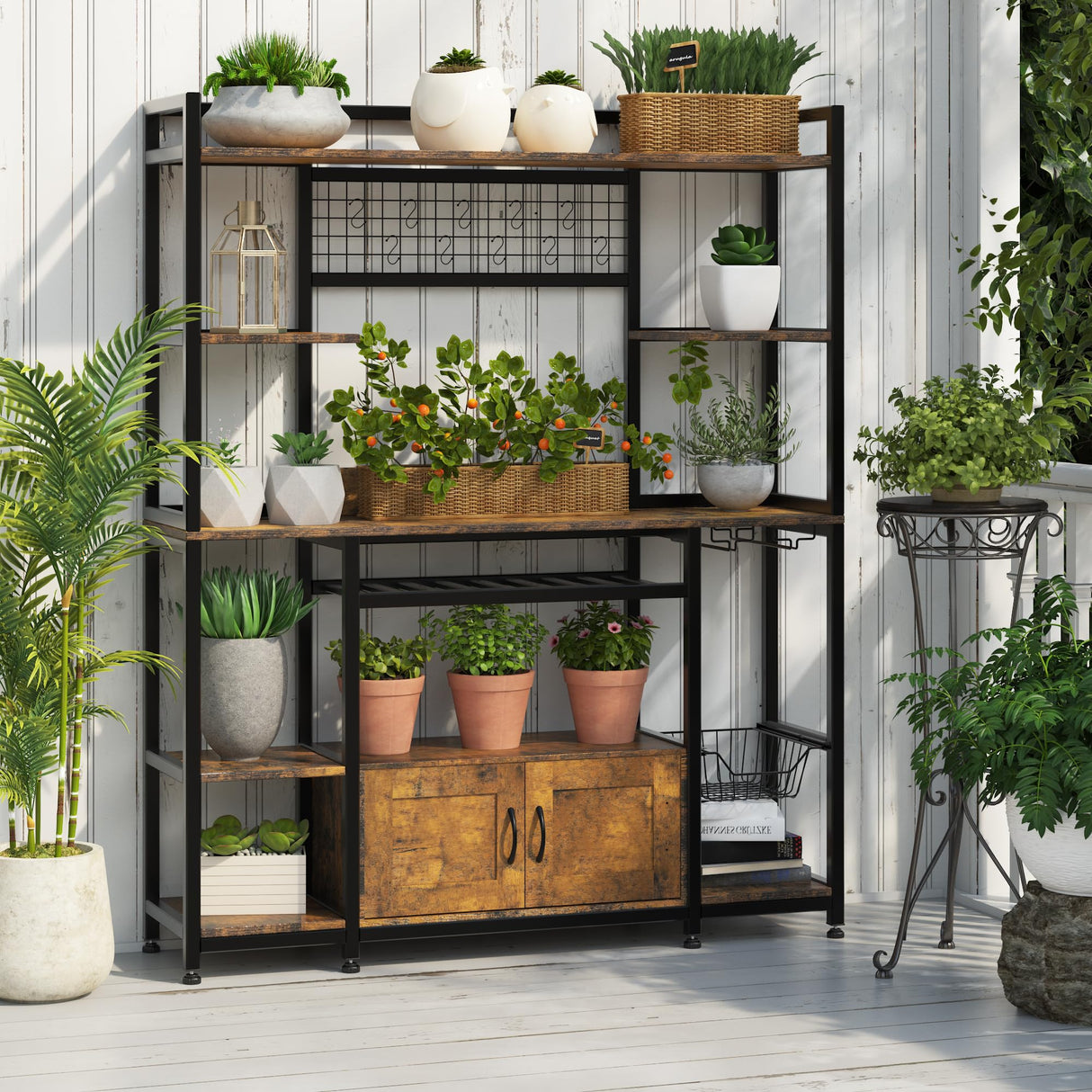 GarveeHome 55" Bakers Rack with Power Outlet and LED Light, 5-Tier Kitchen Microwave Stand Coffee Bar with Storage, 10 Hooks, Wire Basket, Metal Grid, Wine Rack, Goblet Holder, Rustic Brown GarveeHome