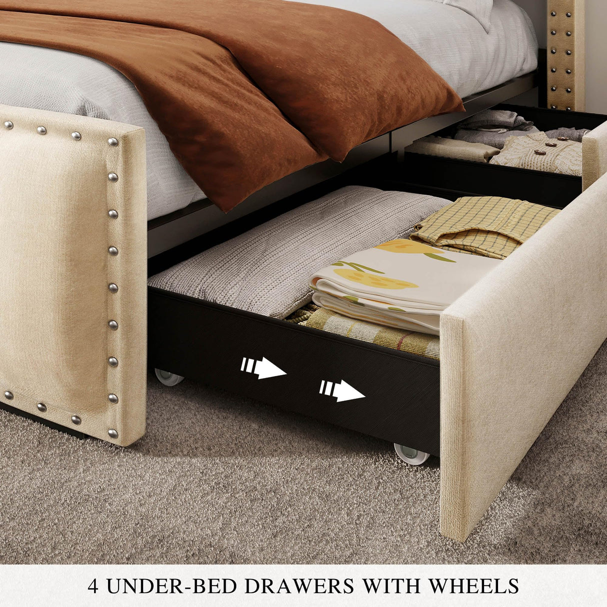 DWVO Queen Size Bed Frame with 4 Storage Drawers and RGB LED Lights, Velvet Upholstered Platform Bed with Charging Station and Storage Headboard, No Box Spring Needed, Easy Assembly, Beige DWVO