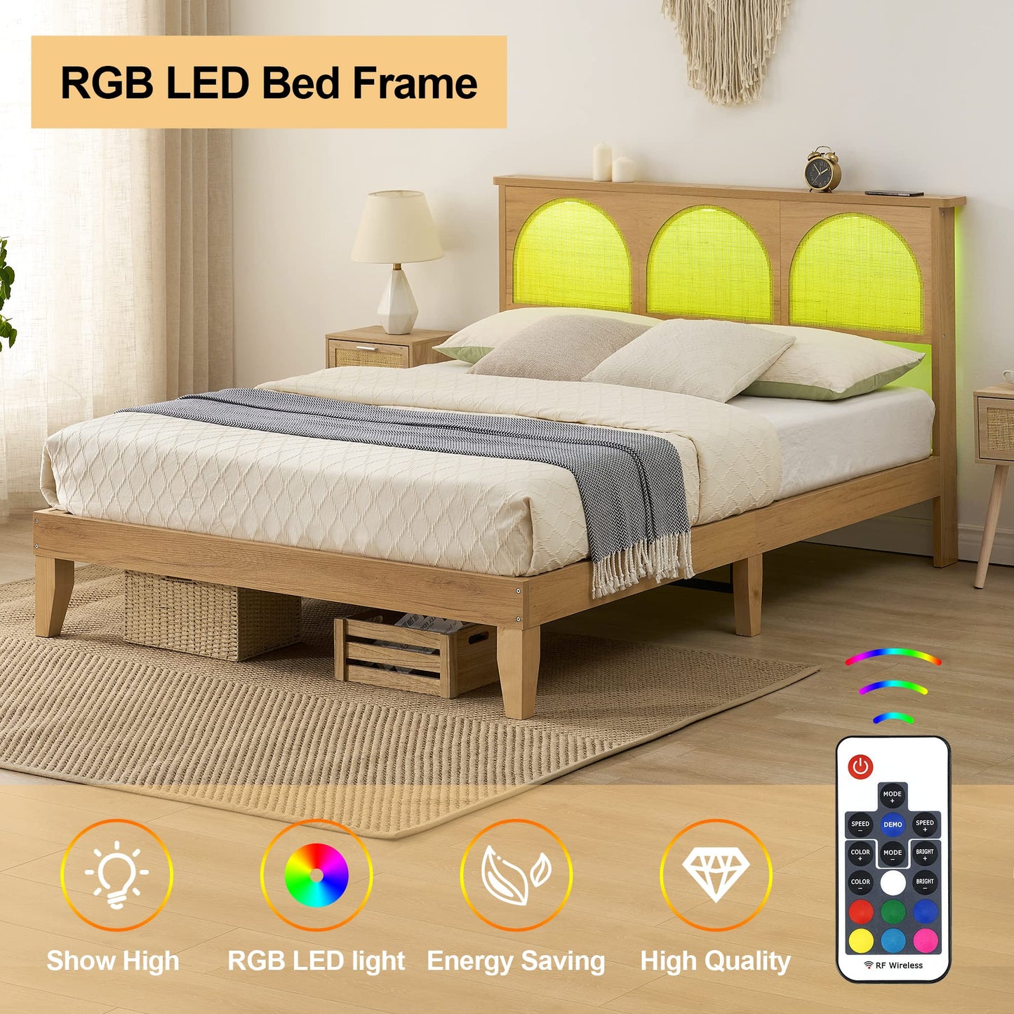 Amyove 12.4 Inch Deluxe Solid Wood Queen Bed Frame with Rattan Headboard and LED Lights - WoodArtSupply