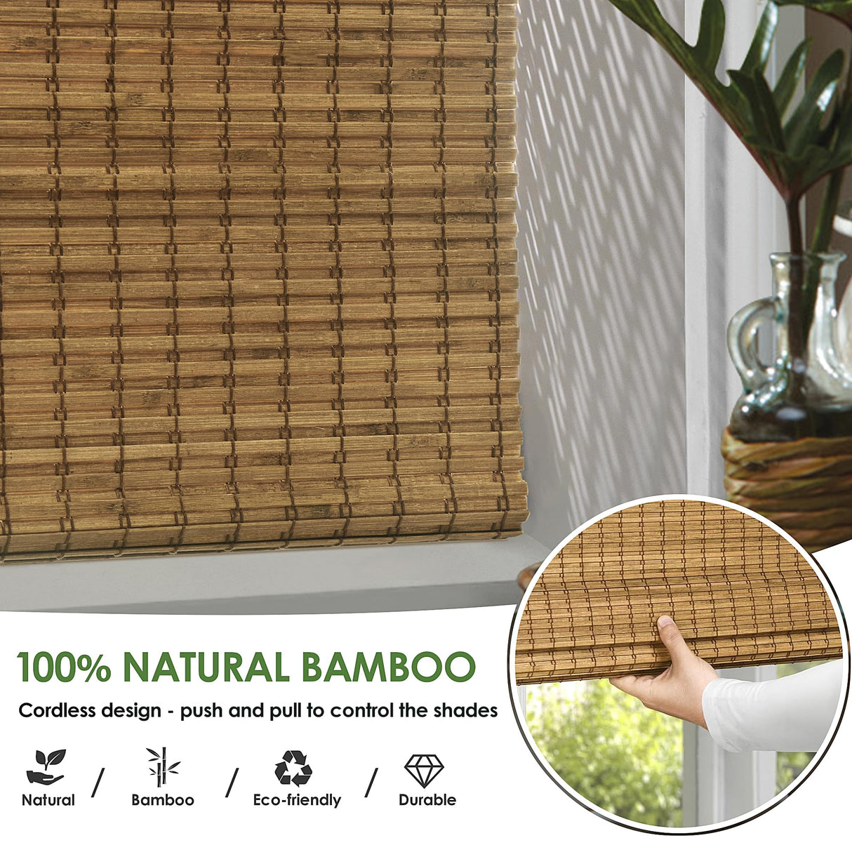 LazBlinds Cordless Bamboo Roman Shades, Privacy Blinds for Interior Windows, Room Darkening Roll Up Bamboo Blinds for Home & Patio, 34.5" W x 48" H, Highfield Teak LazBlinds