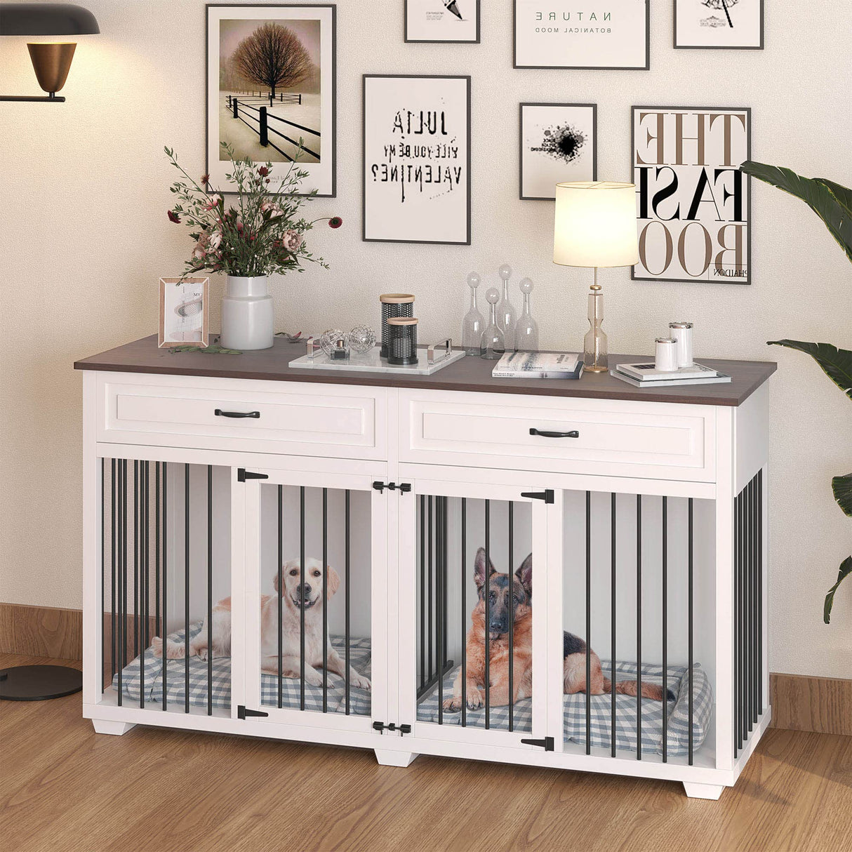 DAWNSPACES Dog Crate Furniture, 72 Inch Heavy Duty Wooden Large Dog Kennel with Drawers & Divider, Indoor Furniture Style Dog Crate with Double Rooms for Large Medium Small Dogs, White DAWNSPACES
