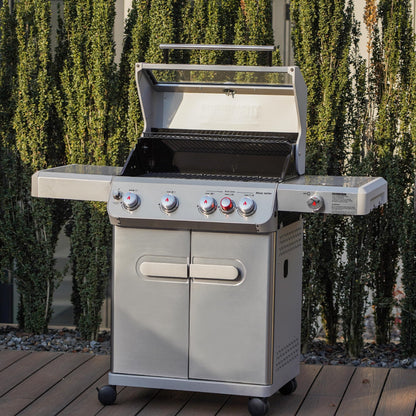 Monument Grills Outdoor Barbecue Stainless Steel 4 Burner Propane Gas Grill, 62,000 BTU Patio Garden Barbecue Grill with Side Burner, Infrared Technology and Knob Controls, Mesa415BZ with BBQ Cover