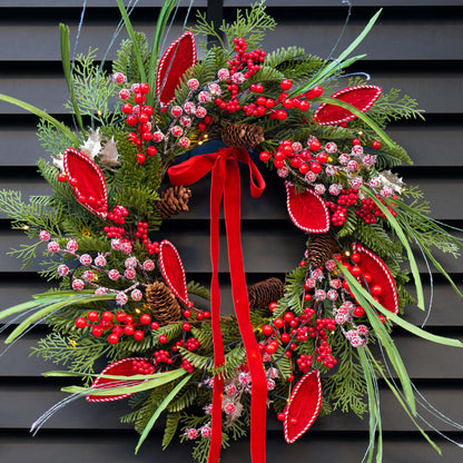 Pre-lit Christmas Wreath with Lights,Outdoor Christmas Wreaths for Front Door-22 Inch Xmas Door Wreath with Pine Needles Pine Cones and Red Berries- Farmhouse Home Christmas Decorations