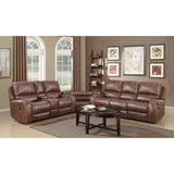 Roundhill Furniture Achern Brown Leather-Air Nailhead Manual Reclining Sofa and Loveseat with Storage Console and USB Port Roundhill Furniture