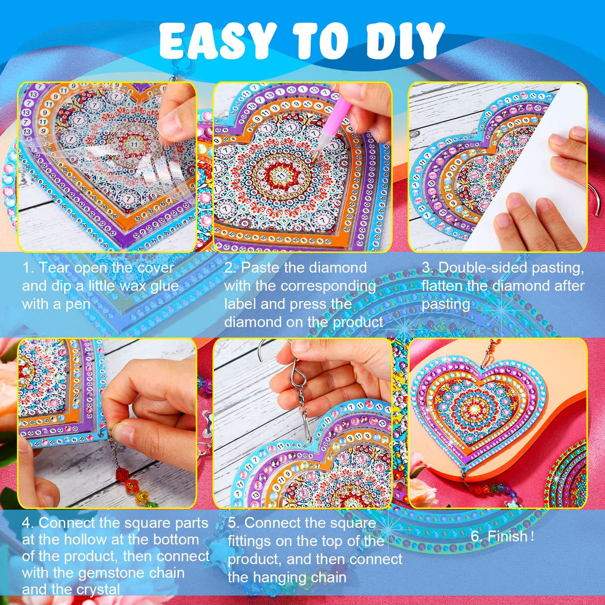 Queekay 2 Pieces 3D Diamond Painting Wind Chime Diamond Art Suncatcher Kits Three Dimensional by Number Hanging Ornament Double Sided Crystal Suncatcher Window Decor for Home Wall Garden(Heart) Queekay