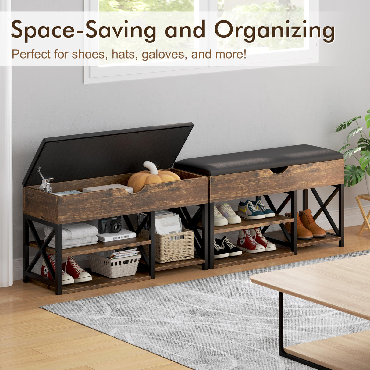 NUNU LAB Shoe Storage Bench, Multifunctional Entryway Bench with 3-Tier Shoe Rack & Cushioned Seat, Shoe Rack for Front Door Entrance, Brown NUNU LAB