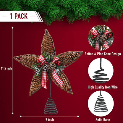 Ornativity Rattan Star Tree Topper - Christmas Rustic Acorn Pine Cone Tree Topper with Holly and Berry Decor Holiday Xmas Trees Top Decorations 11.5"