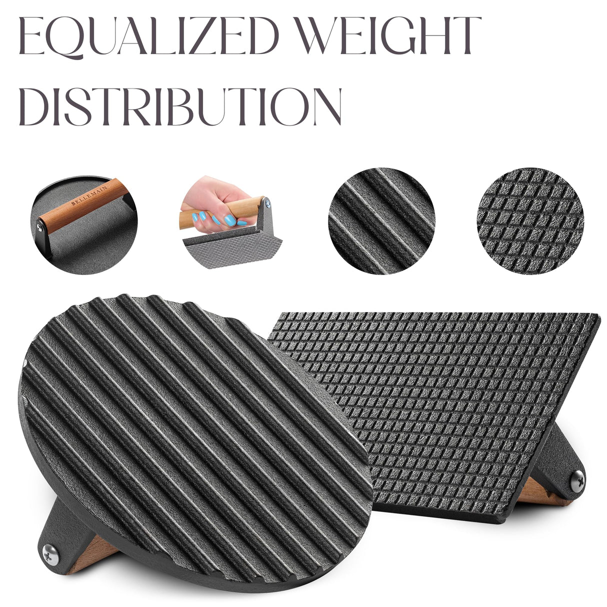 Bellemain Heavy-Duty Cast Iron Grill Press Set – Perfect Smash Burger & Steak Press with Ergonomic Wood Handle for Pro-Level Searing on Griddle, Skillet, or BBQ Bellemain
