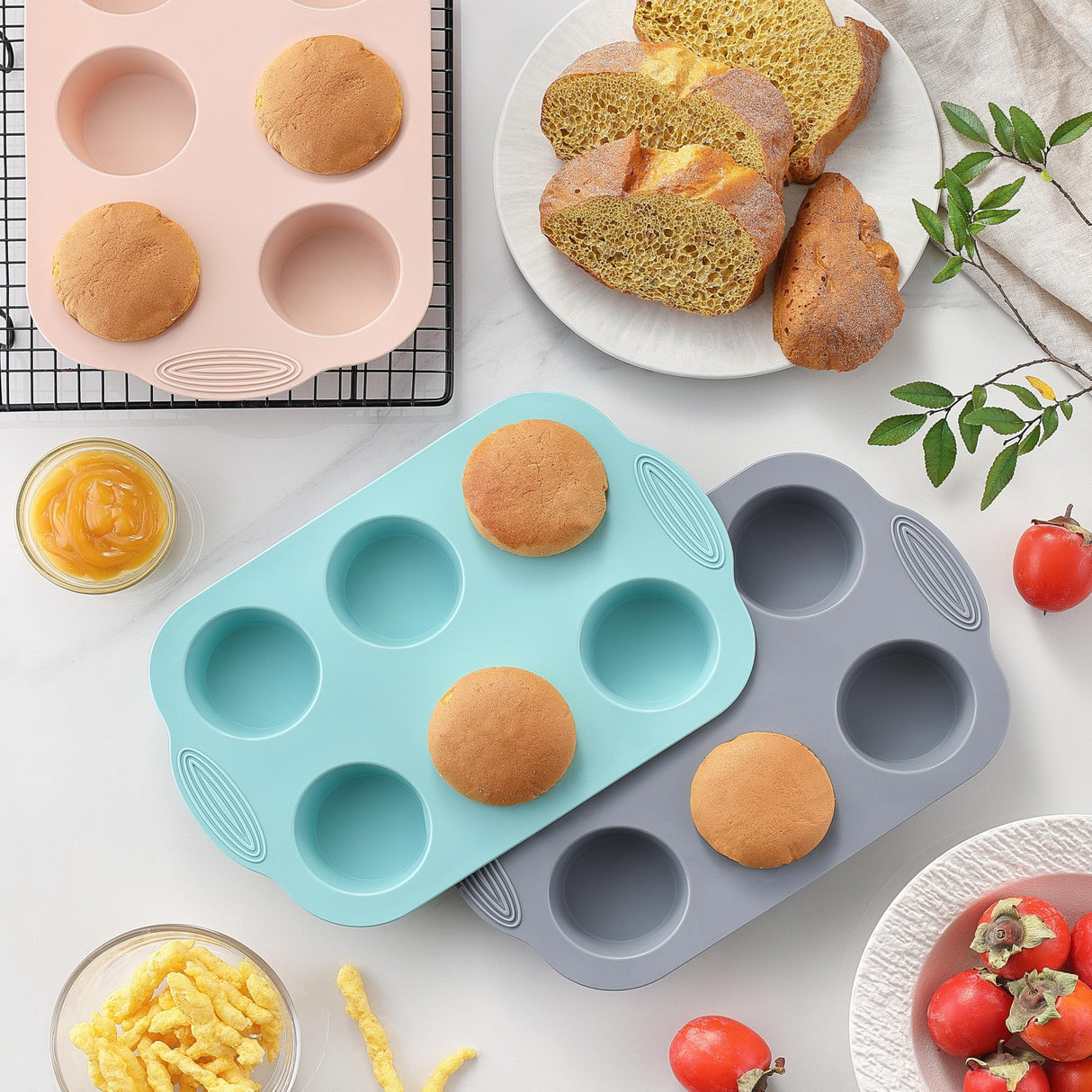 XZZWLL Silicone Muffin Pan, Food Grade Silicone Cupcake Molds for Baking Muffins and Cupcakes, 6-Cup Nonstick Cupcake Pan, Easy Cleaning and BPA-Free (Gray, Orange, Blue) XZZWLL