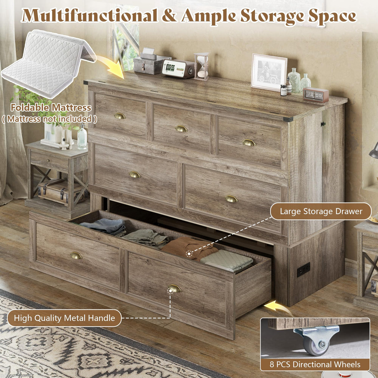 AMERLIFE Full Size Murphy Bed, Farmhouse Wooden Cabinet with Charging Station and Storage Drawer for Bedroom/Office/Guest Room, Grey Oak AMERLIFE