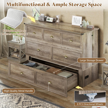 AMERLIFE Full Size Murphy Bed, Farmhouse Wooden Cabinet with Charging Station and Storage Drawer for Bedroom/Office/Guest Room, Grey Oak AMERLIFE