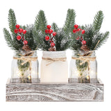 Christmas Mason Jar Centerpiece for Table with LED Lights & Artificial Plants, Set of 3 Farmhouse Decorative Mason Jars for Christmas Home Decor, Winter Kitchen Dining Table Centerpiece Maracco