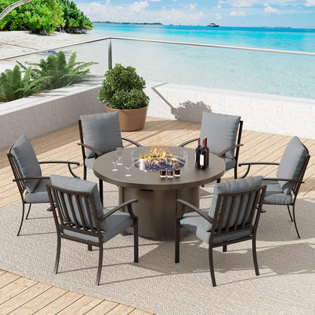 Trumbeak 7 Pcs Outdoor Patio Furniture Set with 48"/55000 BTU Outdoor Round Propane Fire Pit Table,Patio Conversation Sets 6 Fixed Chairs No-Slip Cushions and Waterproof Covers,Grey Trumbeak
