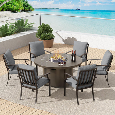Trumbeak 7 Pcs Outdoor Patio Furniture Set with 48"/55000 BTU Outdoor Round Propane Fire Pit Table,Patio Conversation Sets 6 Fixed Chairs No-Slip Cushions and Waterproof Covers,Grey