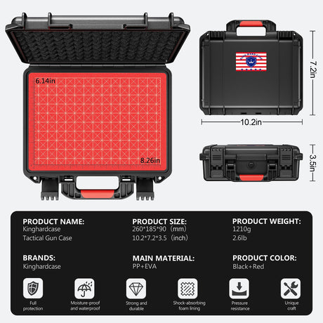 Kinghardcase Tactical Hard Gun Case DIY Water & Shock Proof With Foam TSA Approved Waterproof Hard Case for Pistol Accessories 11.4 * 9.4 * 4.5in1 Kinghardcase