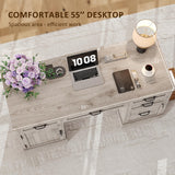 Whalefall 55'' Farmhouse Desk Home Office with Drawers, Executive Computer Desk Wooden with File Cabinet and Charging Station, White Wash Gray Whalefall