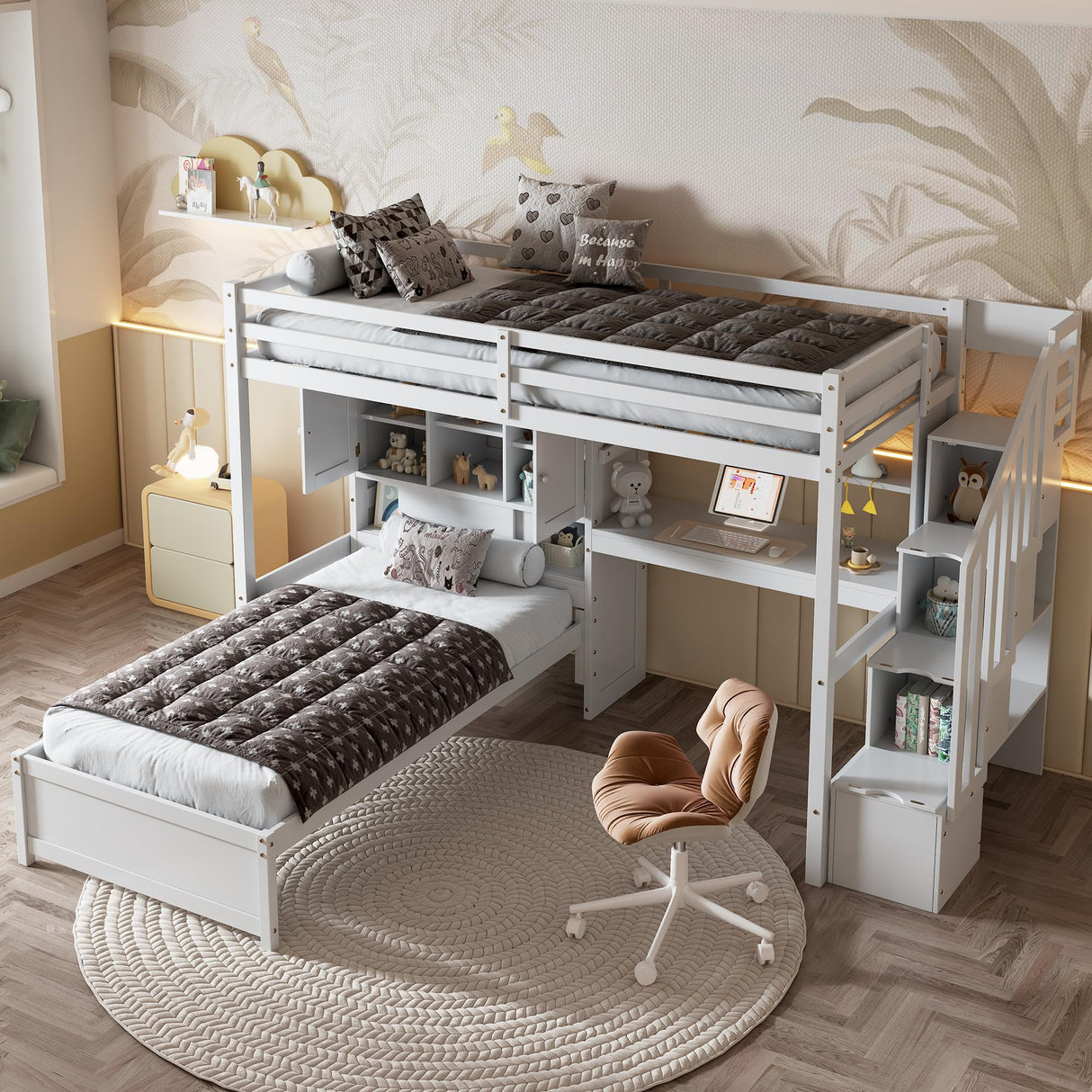 HRJHLucky Twin Over Twin Loft Bed with Built-in Desk and Staircase, White Pine Wood+MDF Bunk Bed with Storage Compartments and Shelves for Children, Teens, Adults HRJHLucky