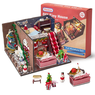 Prextex DIY Tiny House Kit Christmas Scene - Miniature House, Model Home, and Mini Room Kits for a Festive Holiday Building Experience - LED Lights, Snowman, Piano Set and Christmas Tree - Age 10+