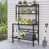 FUXJUM 63” Metal Potting Bench&Table with Metal Tabletop, 4-Tier Plant Shelves, 8 Side Hooks, Outdoor/Indoor Gardening Workstation and Plant Stand, Black FUXJUM