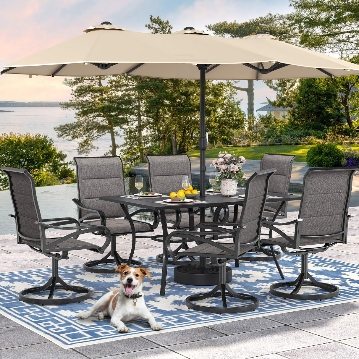 DWVO 4 Set Padded Outdoor Swivel Chairs, Exclusive Swivel Patio Chairs w/Sturdy Metal Frame & Cozy Padded High Back, All Weather Patio Swivel Chairs for Backyard Deck Garden, Gray DWVO