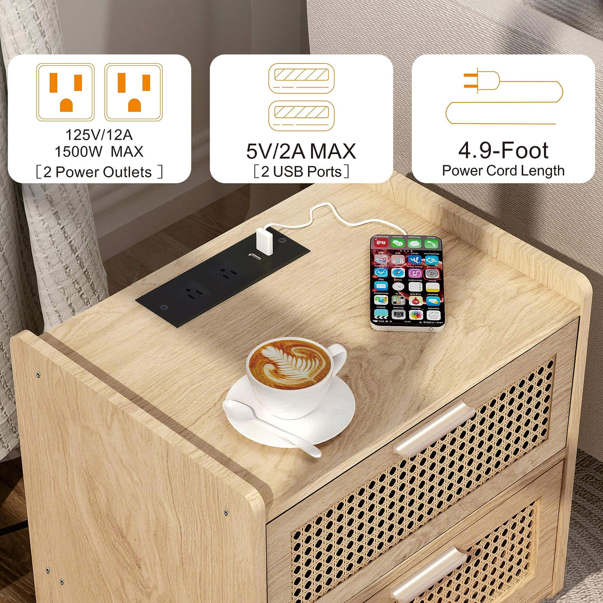 HHETOGOL Rattan Nightstand with Charging Station & 2 Rattan-Like Decor Drawers,Small End Table with Solid Wood Feet for Small Bedroom, Living Room, TTBZ02YE HHETOGOL