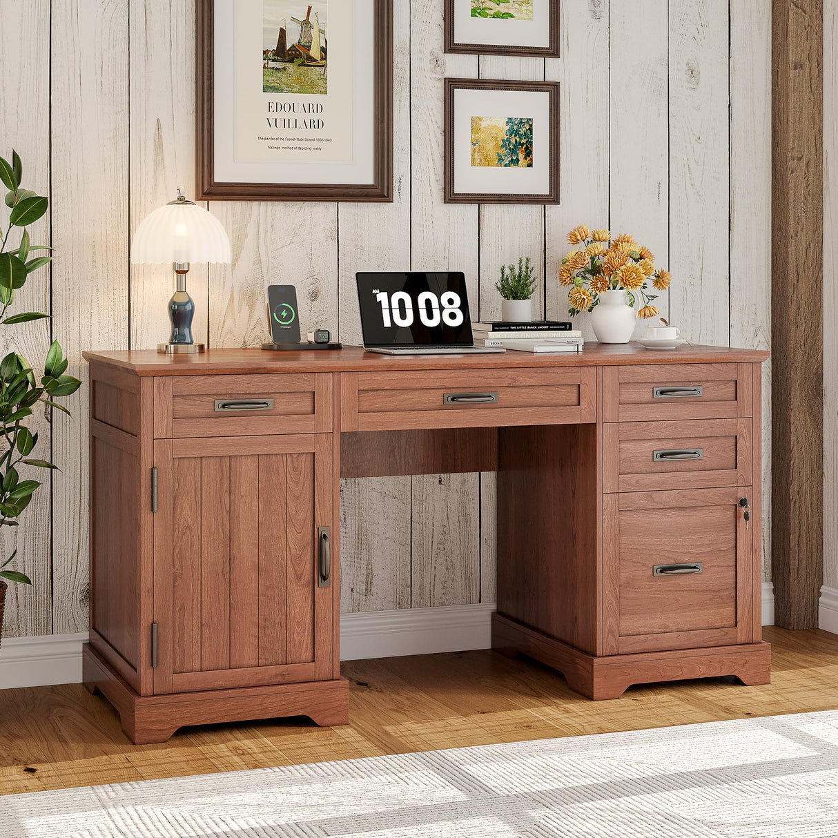Whalefall 55'' Farmhouse Desk Home Office with Drawers, Executive Computer Desk Wooden with File Cabinet and Charging Station, Cerry Brown Whalefall