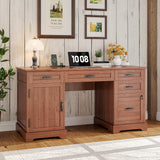 Whalefall 55'' Farmhouse Desk Home Office with Drawers, Executive Computer Desk Wooden with File Cabinet and Charging Station, Cerry Brown Whalefall