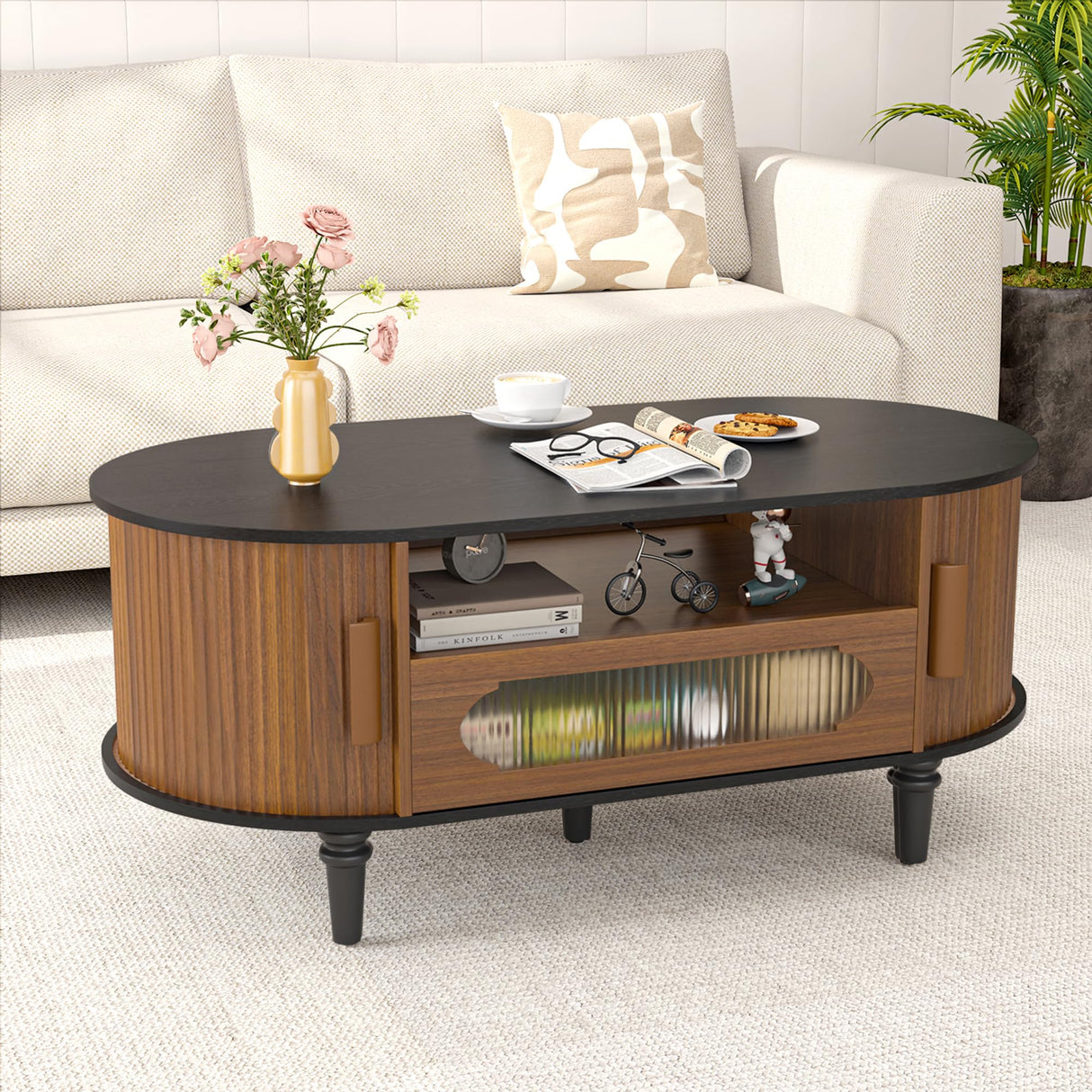 Fluted Round Coffee Table with Storage, Modern Oval Coffee Table with Drawer, Sliding Door, Low Small Center Tables for Living Room, Wooden Boho, Mid Century, Unique, Black and Walnut Jluomei